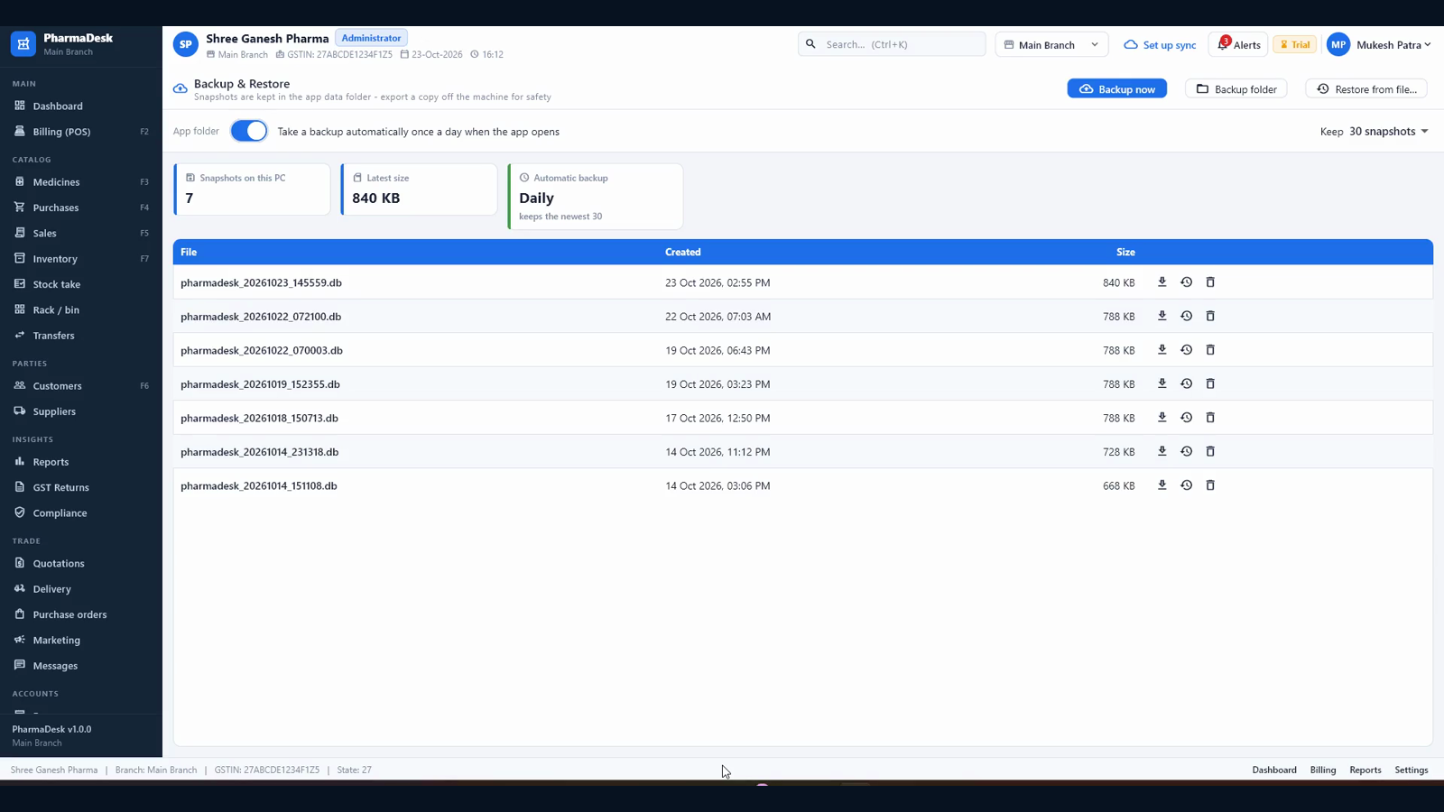 Backup and Restore with daily automatic backup and snapshots