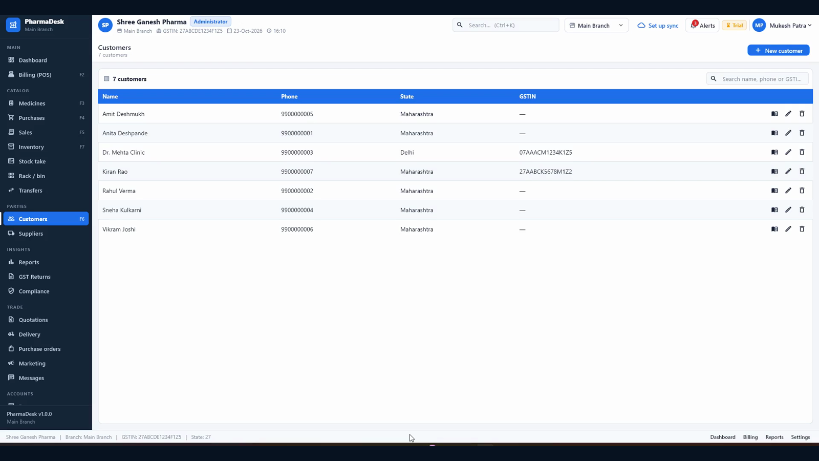 Customer list with phone, state and GSTIN