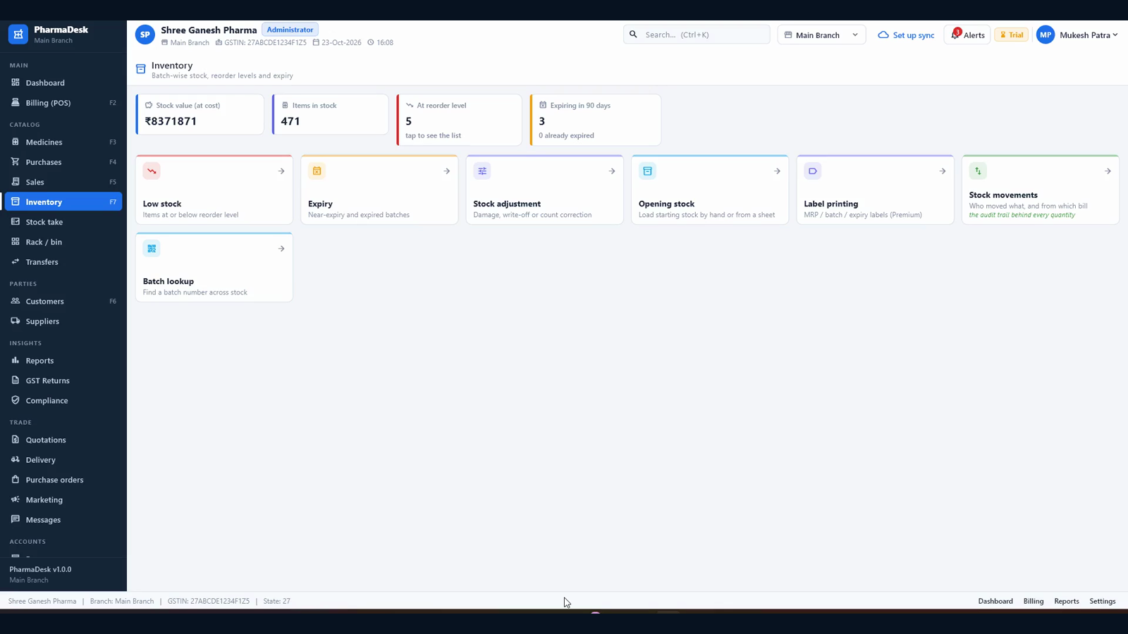 Inventory hub with stock value, items in stock, reorder level and expiry tiles