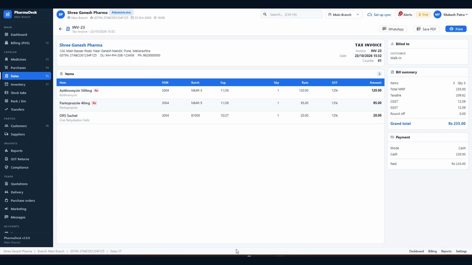 GST tax invoice with shop GSTIN, drug licence, HSN, batch, expiry and payment