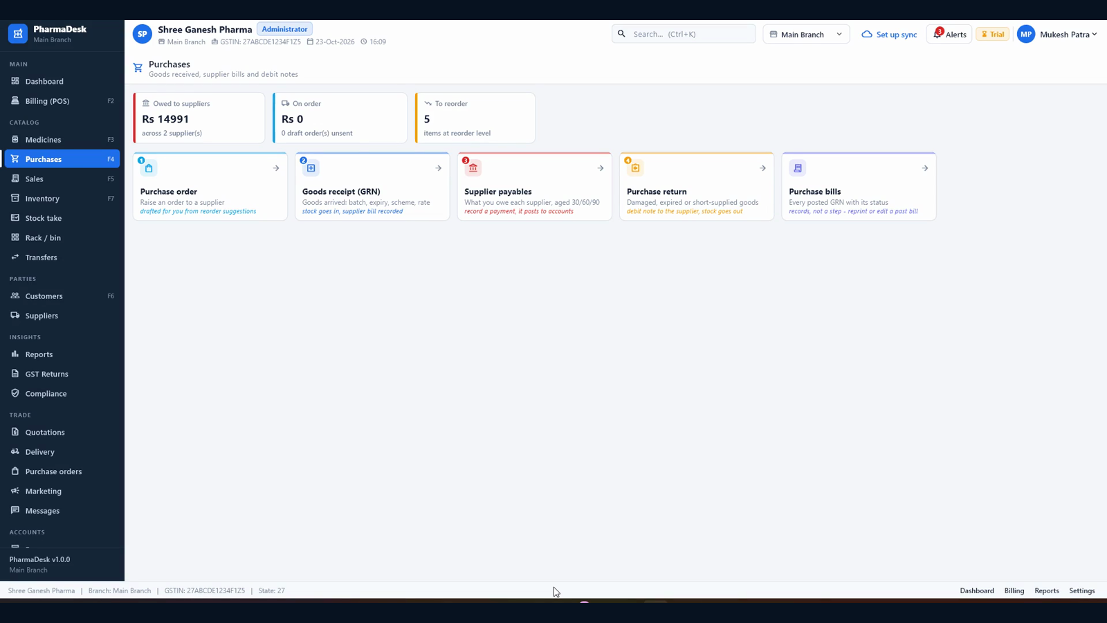 Purchase hub with supplier payables, on-order value and reorder items